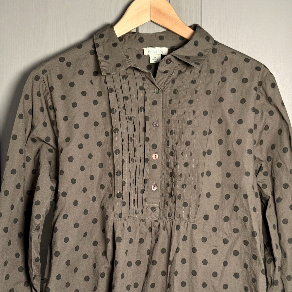 Sundance Olive Green "Lively Days" Top Polka Dot Cotton Pintuck Tunic Blouse MED - Picture 2 of 10